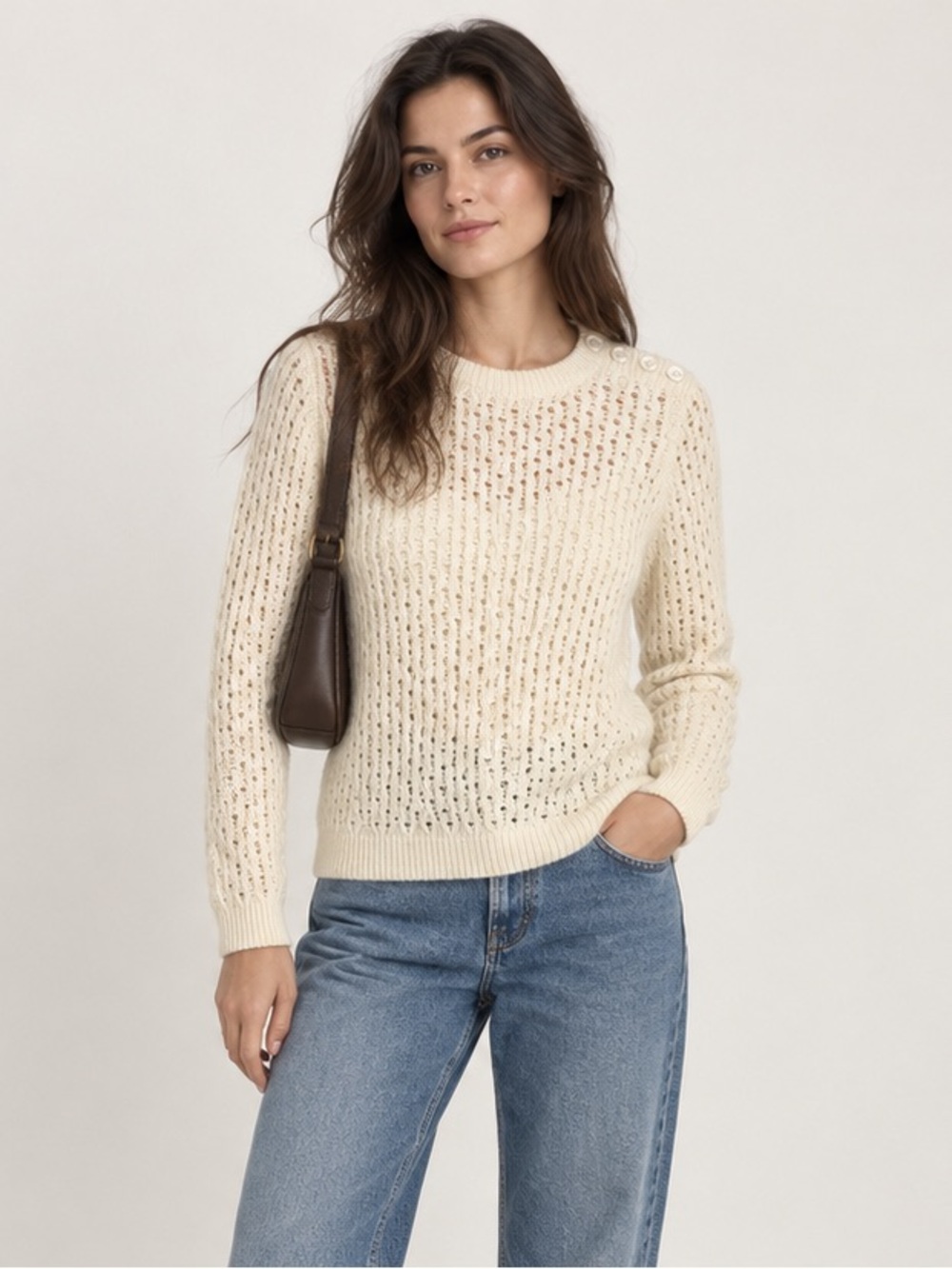 Talbots Petites Cream Lambswool Pointelle Shoulder Button Sweater SP